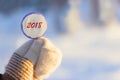 Lollipop on stick in hand in mitten. snow background