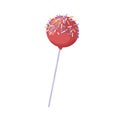 Lollipop on stick. Sweet roll pop with sprinkles decor. Hard ball-shaped candy, lollypop. Round sugar sucker. Strawberry