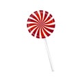 Lollipop striped in Christmas colours. Spiral sweet candy with red and white stripes. Vector illustration on a white back