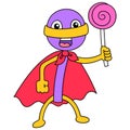 Lollipop superhero carrying candy. doodle icon image kawaii