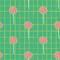 Lollipop sweet seamless pattern. Candy simple silhouettes in pink color on green background with check Royalty Free Stock Photo