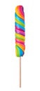 Lollipop swirl candy long sweet on wooden stick big vivid rainbow colored isolated