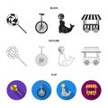 Lollipop, trained seal, snack on wheels, monocycle. Circus set collection icons in black, flat, outline style vector symbol