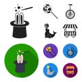 Lollipop, trained seal, snack on wheels, monocycle.Circus set collection icons in black, flat style vector symbol stock