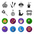 Lollipop, trained seal, snack on wheels, monocycle.Circus set collection icons in black,flet style vector symbol stock