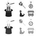 Lollipop, trained seal, snack on wheels, monocycle.Circus set collection icons in black,monochrom style vector symbol