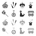 Lollipop, trained seal, snack on wheels, monocycle.Circus set collection icons in black,monochrome style vector symbol