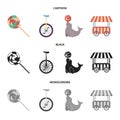 Lollipop, trained seal, snack on wheels, monocycle.Circus set collection icons in cartoon,black,monochrome style vector