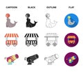 Lollipop, trained seal, snack on wheels, monocycle.Circus set collection icons in cartoon,black,outline,flat style Royalty Free Stock Photo