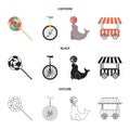 Lollipop, trained seal, snack on wheels, monocycle.Circus set collection icons in cartoon,black,outline style vector Royalty Free Stock Photo