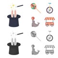 Lollipop, trained seal, snack on wheels, monocycle.Circus set collection icons in cartoon,monochrome style vector symbol