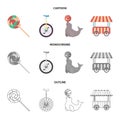 Lollipop, trained seal, snack on wheels, monocycle.Circus set collection icons in cartoon,outline,monochrome style