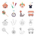 Lollipop, trained seal, snack on wheels, monocycle.Circus set collection icons in cartoon,outline style vector symbol Royalty Free Stock Photo