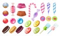 Lollipops and candies. Chocolate and toffee round sweets, caramel bonbon marshmallow and gummy. Vector jellies candies