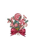 Lollipops, Candies. Christmas Holiday Bouquet Of Pine Branches, Christmas Decorations And Candy