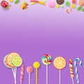 Lollipops and candies. Colorful sweets, festive decoration. Colorful candies on a purple background, top view with copy space for