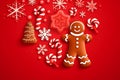 gingerbread man cute christmas sweet holiday decoration year food background red cookie. Generative AI.