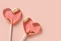 Lollipops pink candy on stick. Valentine's day romantic greeting card.