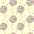 Lollipops seamless pattern, realistic multicolored spiral candies on a yellow background.