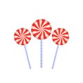 Lollipops on stick. Colorful caramel. Sweet round pink candy on stick 3d closeup. Flat vector illustration on a white