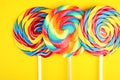 Lolly candies with sugar. colorful array of childs lollipops sweets and treats with candy