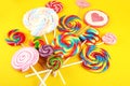 Lolly candies with sugar. colorful array of childs lollipops sweets and treats with candy