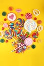 Lolly candies with sugar. colorful array of childs lollipops sweets and treats with candy