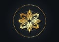 Round luxury logo mandala, traditional vintage gold circle greek ornament and floral pattern vector isolated on black background