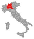 Lombardy red highlighted in map of Italy