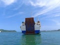 Lombok, Indonesia - December 12, 2023: Passenger ship is sailing towards the port of Padangbai, Bali