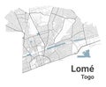 Lome map, capital city of Togo. Municipal administrative area map with rivers and roads, parks and railways