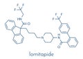 Lomitapide cholesterol lowering drug molecule. Used in treatment of homozygous familial hypercholesterolemia. Skeletal formula.