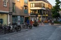 Lommel, Limburg, Belgium - Bikes parked at the commercial pedstrian zone with shops in the city center