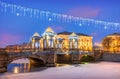 Lomonosov Bridge over the Fontanka River and New Year\'s decorations in the sky of St. Petersburg Royalty Free Stock Photo