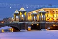 Lomonosov bridge over Fontanka river at night during New Year and Christmas holidays, St. Peterburg, Russia Royalty Free Stock Photo