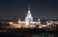 Lomonosov Moscow State University at night, main building, Russia