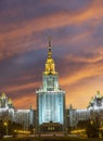 Lomonosov Moscow State University on Sparrow Hills against the background of a beautiful sunset, main building, Russia.