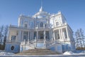 The ancient pavilion of the Rolling Hill close-up on a sunny March day. Oranienbaum