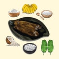 Lompok Sagu And Ingredients Illustration, Sketch And Vector Style, Traditional Food From Aceh, Good to use for restaurant menu Royalty Free Stock Photo