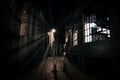 London alley in dark night with street lamp reflection Royalty Free Stock Photo