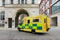 London Ambulance Service vehicle turning into St Bartholomew\'s Hospital