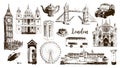 London symbols: Big Ben, Tower Bridge, bus, guardsman, mail box, call box. St. Paul Cathedral, tea, umbrella