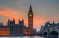 London attractions Big Ben and Westminster Bridge landscape during a Winter sunset Royalty Free Stock Photo