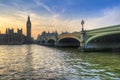 London attractions Big Ben and Westminster Bridge landscape during a Winter sunset Royalty Free Stock Photo