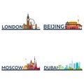 London, Beijing, Moscow, Dubai. Set Tourism. Travelling illustration city. Modern flat design. England, China, Russia, UAE.