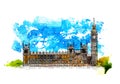 London, Big Ben, Houses of Parliament Illustration. Sketch with colourful water colour effect Royalty Free Stock Photo