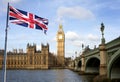 London Big Ben and Westminster bridge and british flag Royalty Free Stock Photo