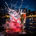 London Bridge at night has water splashing from colorful champagne glasses to welcome New Year\'s and Christmas.