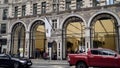 London, Britain-September, 2019: Apple store is located in old architectural building of European city. Action. Walking