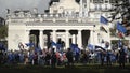 London, Britain-September, 2019: Crowd of people at Parliament building with demonstration and flags of European Union